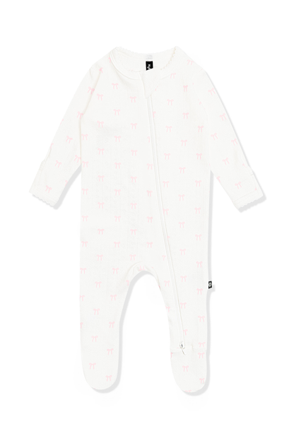Pointelle Zippered Footie in Sweet Pink Bow