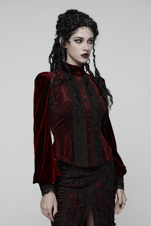 Crimson Bloom Embroidered Button-Up Top [Red]