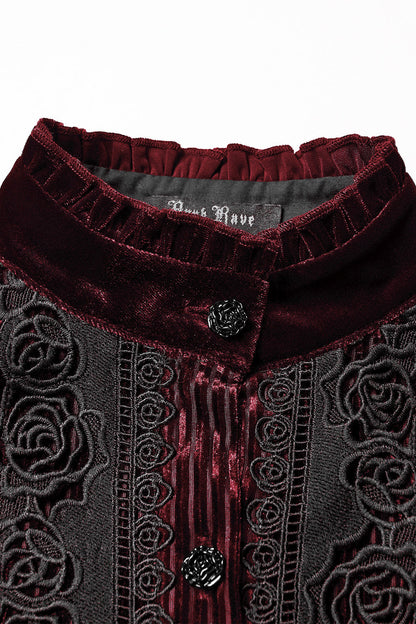Crimson Bloom Embroidered Button-Up Top [Red]