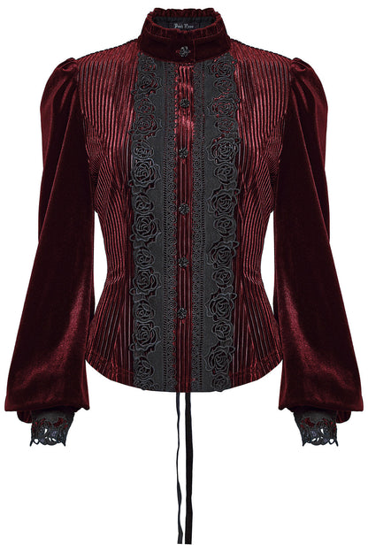 Crimson Bloom Embroidered Button-Up Top [Red]